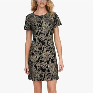 Calvin Klein Velvet Short Sleeve Embroidered Dress- Black and Gold